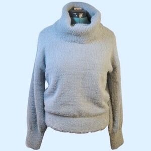 Nine West Women Vintage Blue Fuzzy Eyelash Knit Cowl Neck Pullover Sweater Large